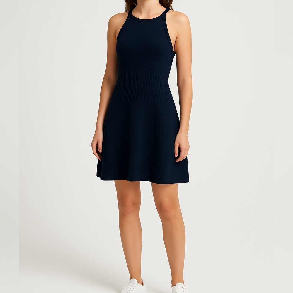 St. John Sport Vintage Navy Wool Blend Knit Sleeveless Fit & Flare Mini Dress